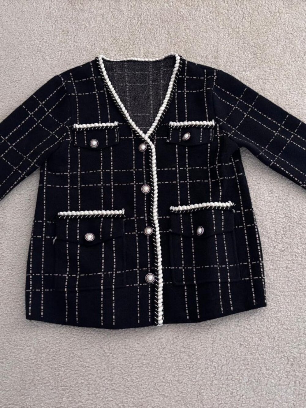 Black White Windowpane Knit Cardigan Jacket Pearl Button Preppy Chic Size L